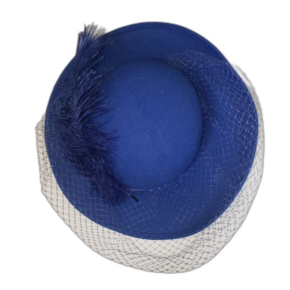 Vintage Michael Howard Hat Wool Wide Brim Feather Veil Womens Blue 80s main image 6